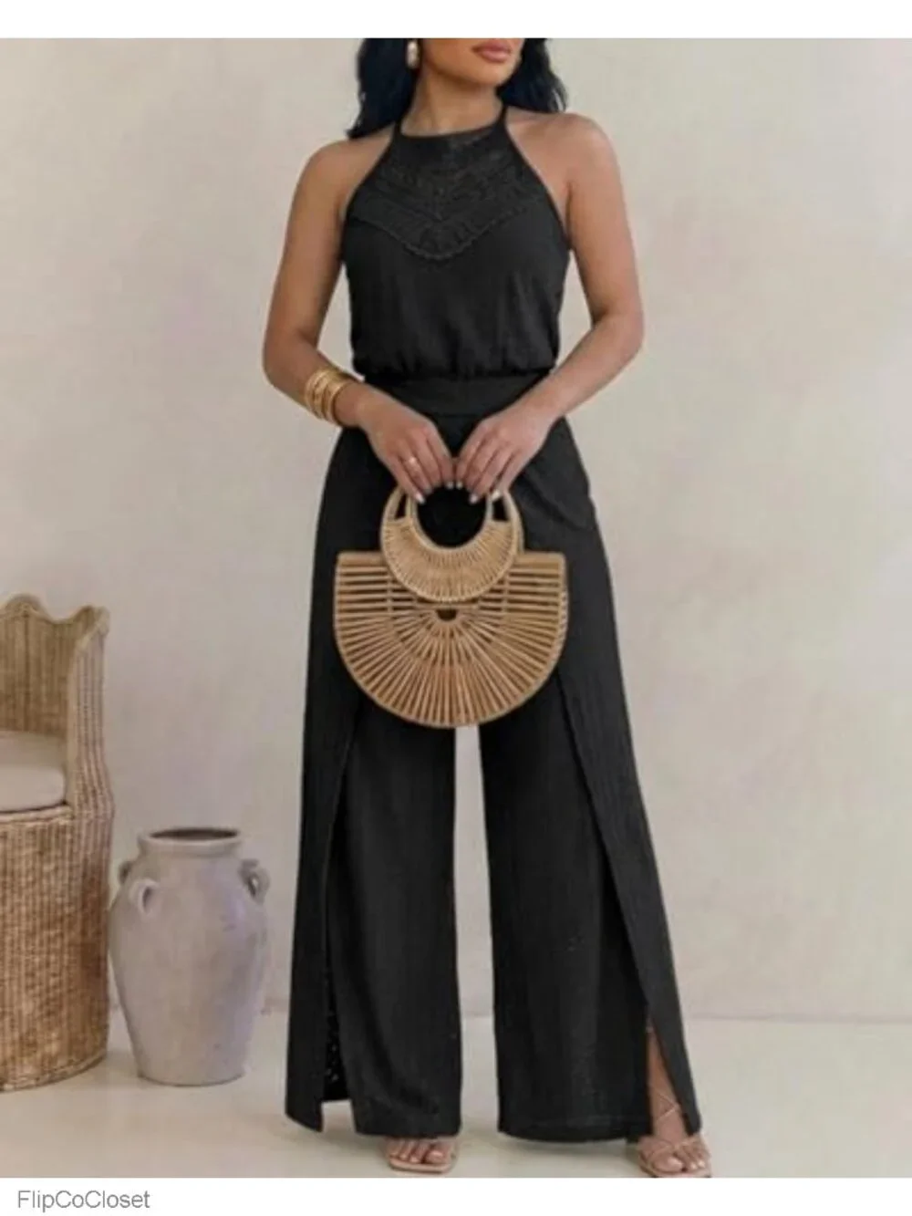 Women's Eyelet Halter Jumpsuit High Waist Wide Leg One Piece Outfit